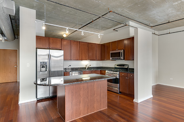 520 South State Street, Unit 711 Chicago, IL 60605 - Photo 9 of 28 a kitchen with stainless steel appliances granite countertop a stove a sink dishwasher a refrigerator and a microwave oven with wooden floor
