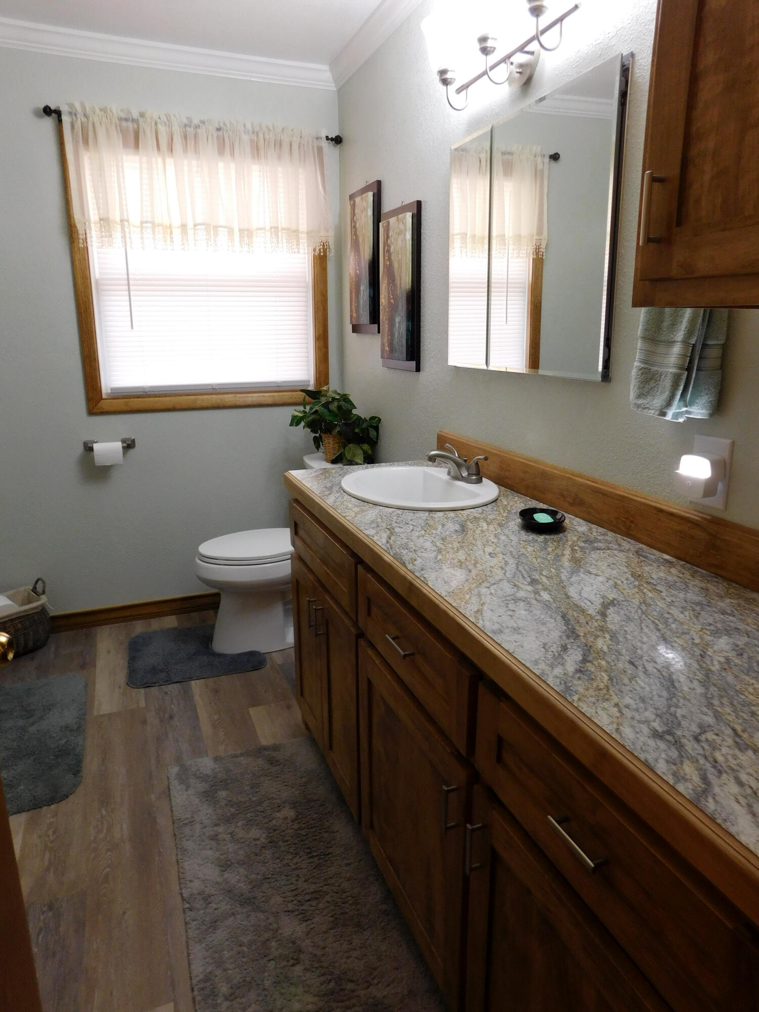 122 West 16th Street Muleshoe, TX 79347 - Photo 14 of 27 a bathroom with a granite countertop sink a toilet and mirror