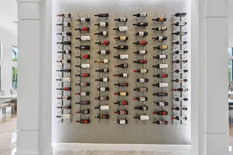 a view of a backyard with a slide trees and plants