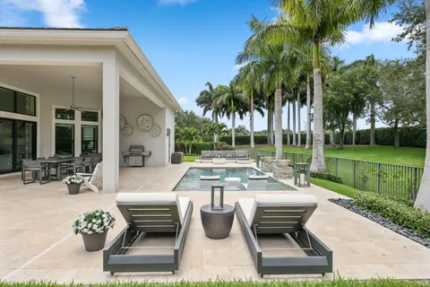 a view of a palm trees with swimming pool