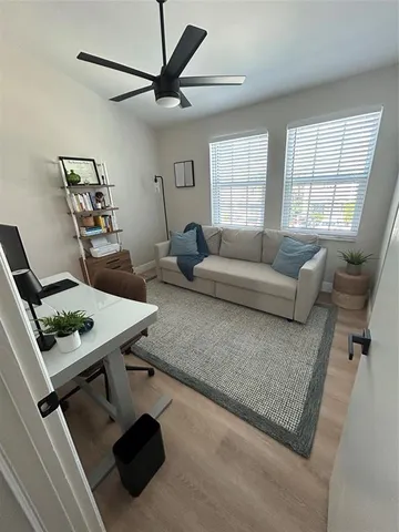 a view of a patio with chair and table