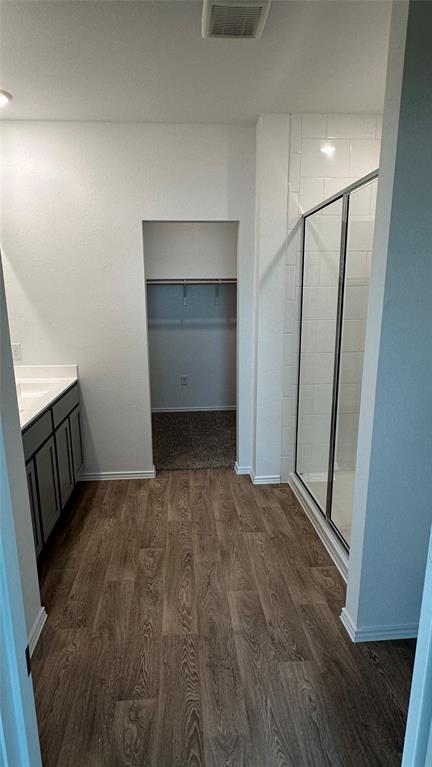 204 Inks Lane Kyle, TX 78640 - Photo 15 of 25 Modern bathroom featuring sleek vanity, glass-enclosed shower, and convenient walk-in closet access.