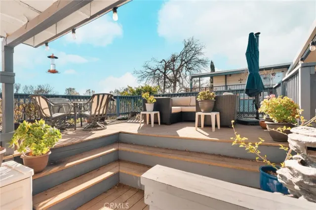 a roof deck with couches and potted plants