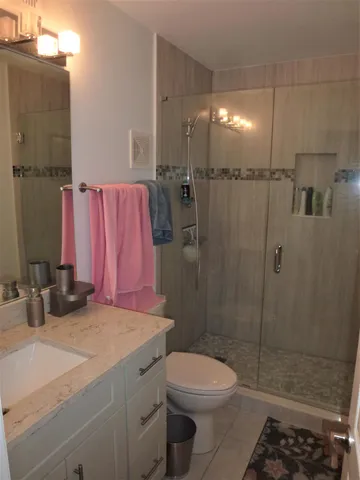 a bathroom with a sink a toilet and shower