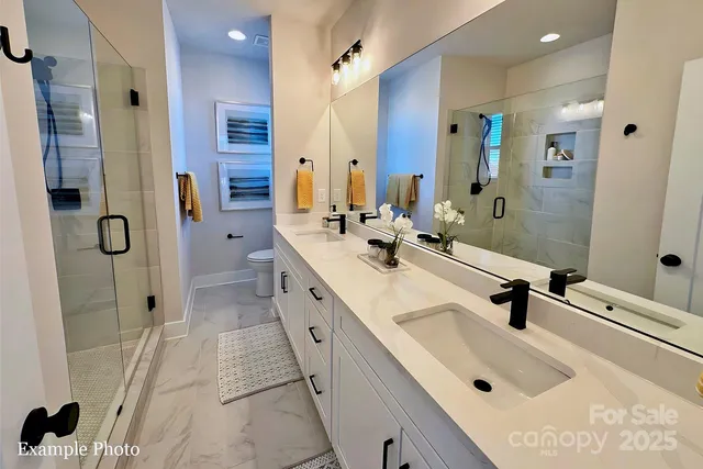 a bathroom with a double vanity sink a mirror and shower