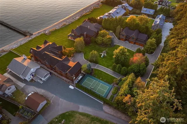 an aerial view of a house with a garden
