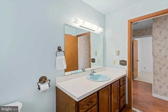 a bathroom with a sink vanity and a mirror