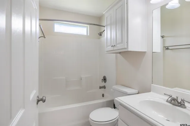 a bathroom with a bathtub shower sink vanity and toilet