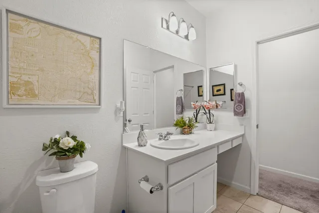 a bathroom with a sink mirror and vanity