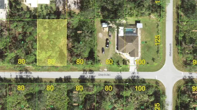 an aerial view of residential houses with outdoor space and swimming pool