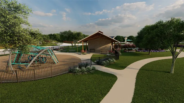 a swimming pool with outdoor seating and outdoor shower