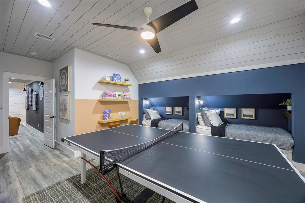 12345 Flow Road Krum, TX 76249 - Photo 29 of 38 Game room with ceiling fan, wood finished floors, visible vents, wood ceiling, and lofted ceiling