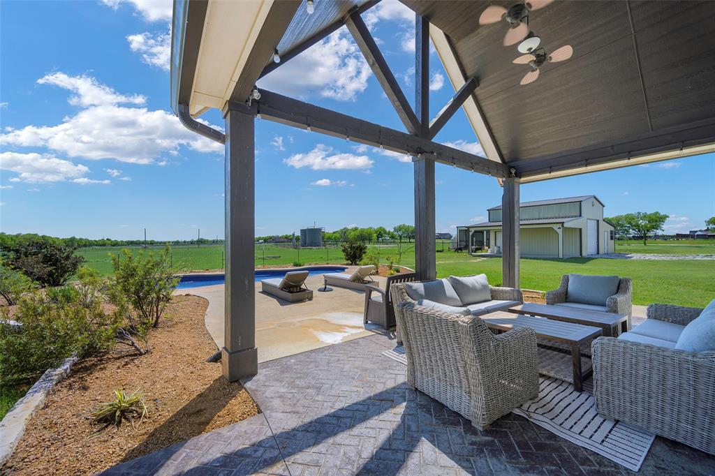 12345 Flow Road Krum, TX 76249 - Photo 31 of 38 View of patio with outdoor lounge area, a fenced in pool, ceiling fan, and a gazebo