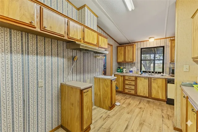 a kitchen with sink a window and cabinets