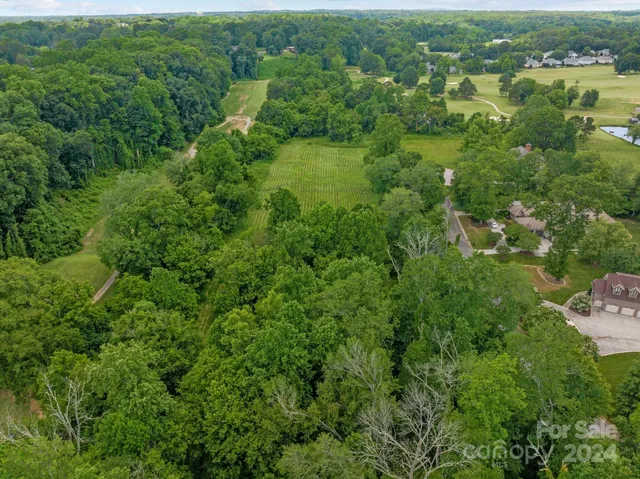 an aerial view of residential houses with outdoor space and trees
