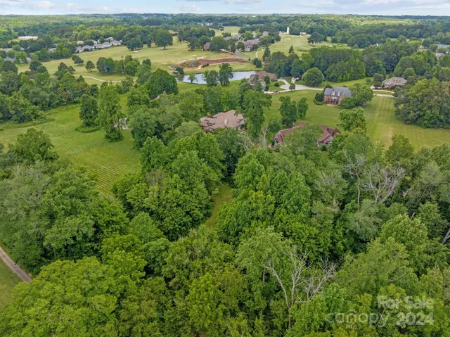 an aerial view of residential houses with outdoor space and trees