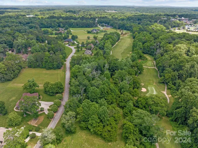 an aerial view of residential houses with outdoor space and trees