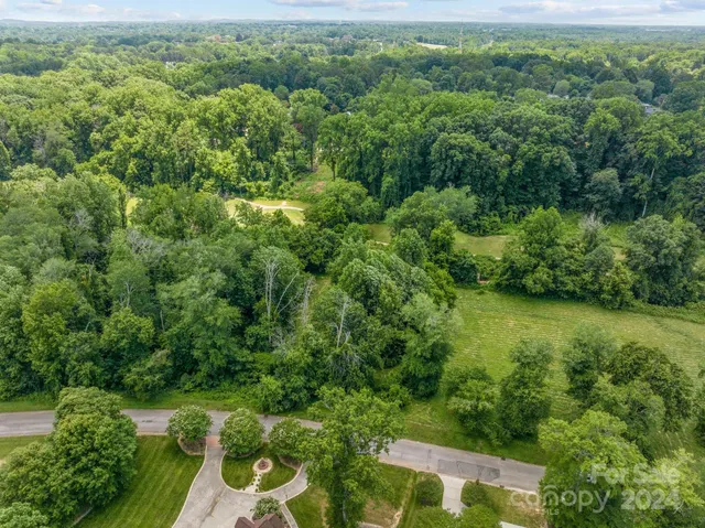 an aerial view of residential houses with outdoor space and trees