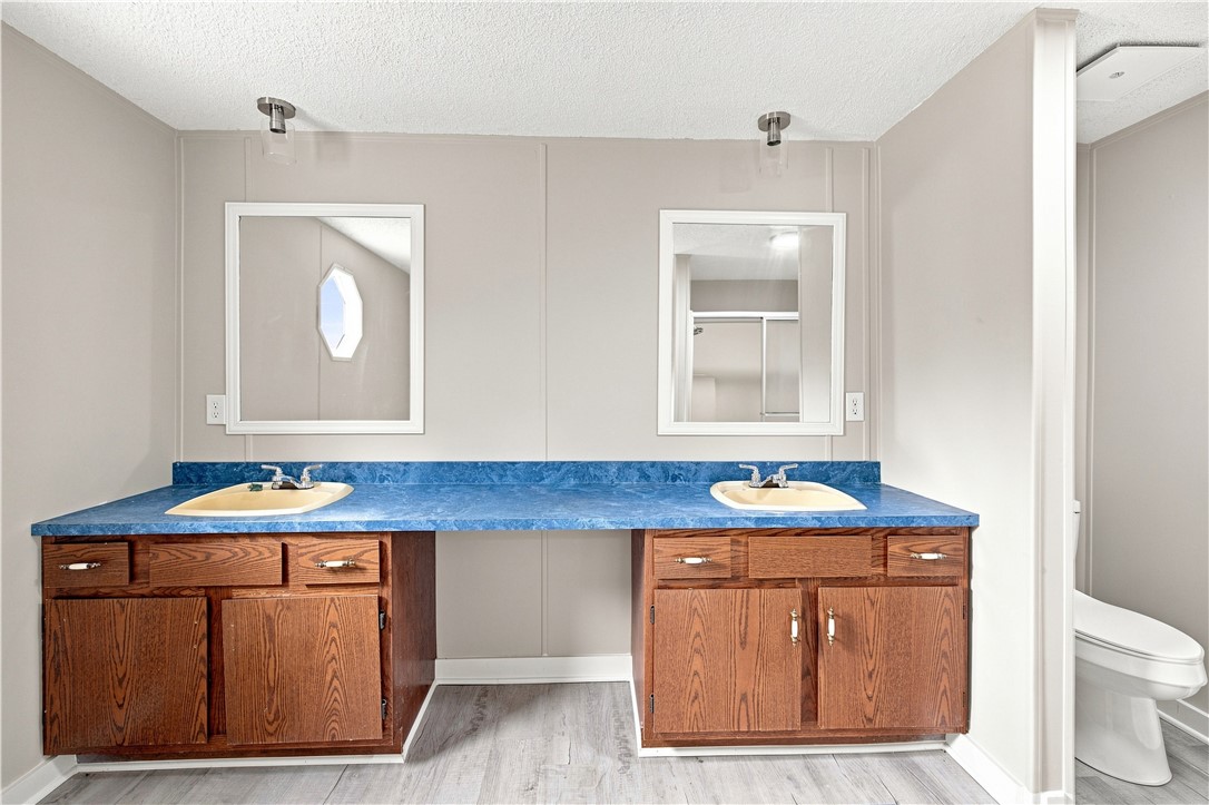 213 Old River Road Pelzer, SC 29669 - Photo 14 of 27 Dual vanities sit on wood cabinetry under clear ceiling lights.