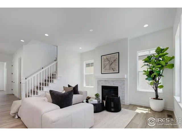 a living room with furniture potted plant and a fireplace