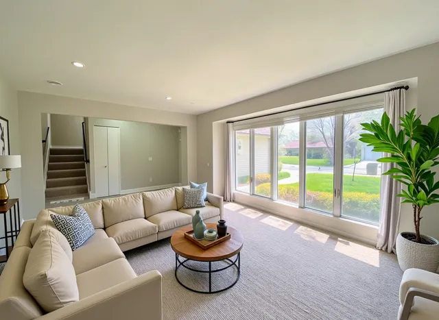a living room with furniture and a large window with outer view