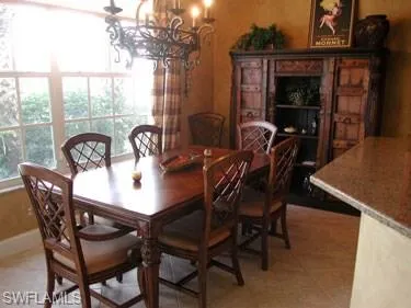 a view of a dining room with furniture window and outside view