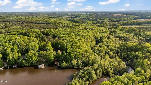 an aerial view of residential houses with outdoor space and river
