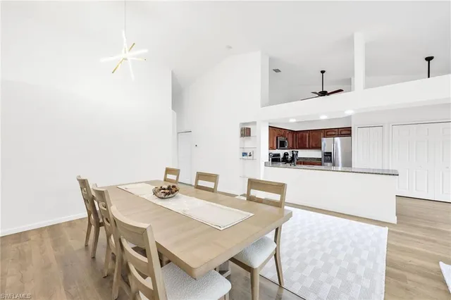 a view of a dining room with furniture