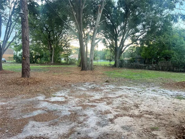 a view of a field with trees in the background