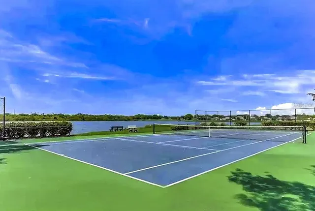 a view of a lake with a city