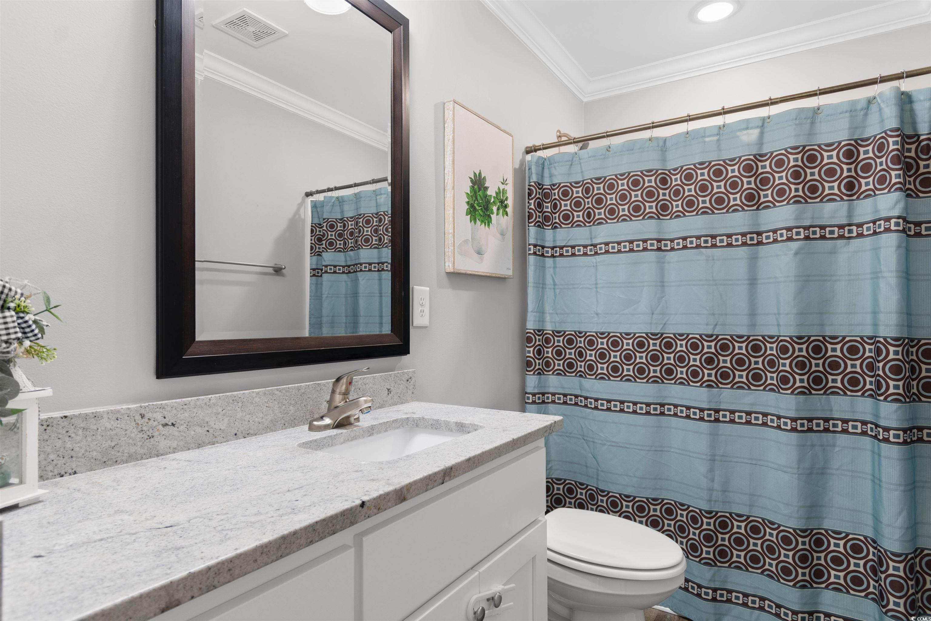 1275 Pinetucky Drive Galivants Ferry, SC 29544 - Photo 19 of 39 Bathroom with vanity, curtained shower, and ornamental molding