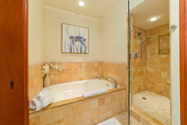 a bathroom with a tub and shower