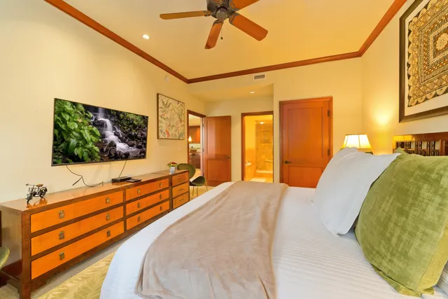a bedroom with a bed and a flat screen tv