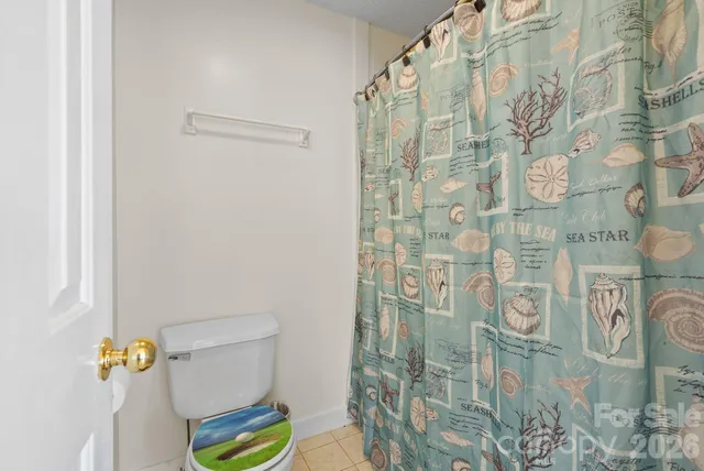 a bathroom with a toilet and shower curtain