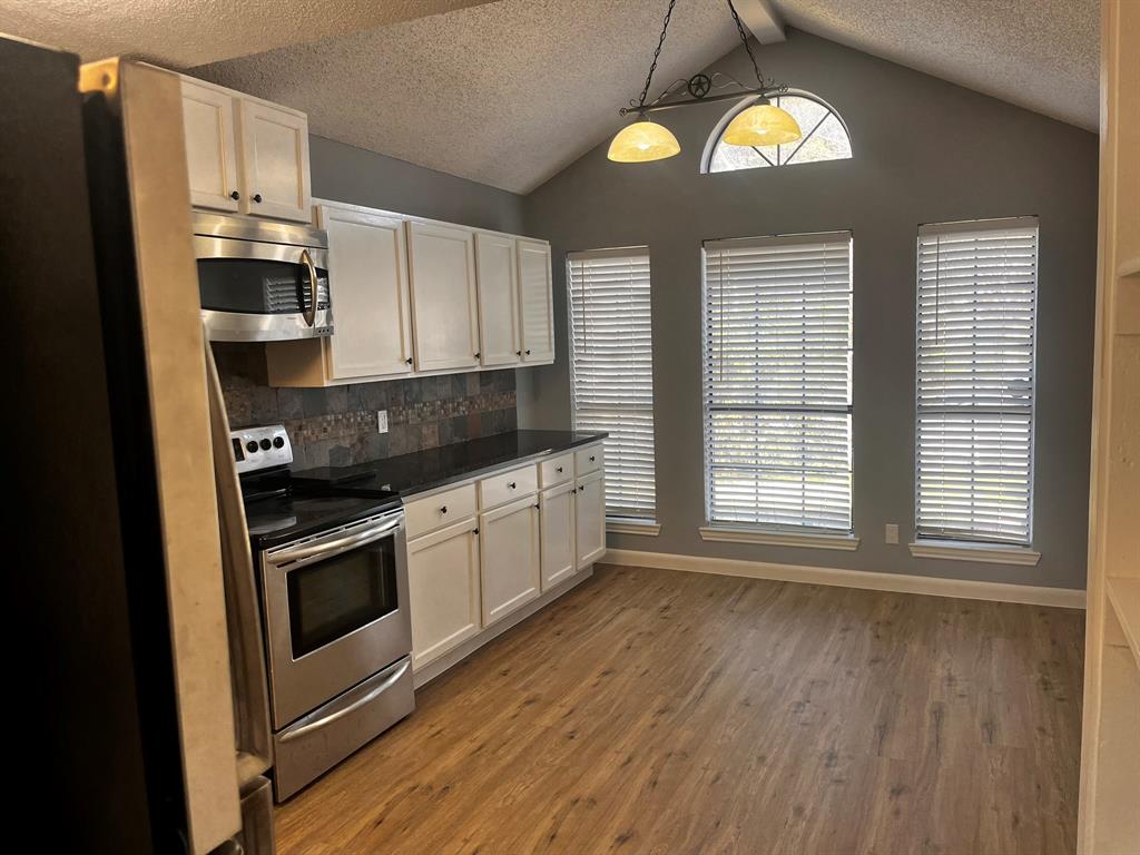1007 Mack Place Denton, TX 76209 - Photo 6 of 37 Kitchen with a textured ceiling, stainless steel appliances, tasteful backsplash, dark wood-style flooring, and hanging light fixtures