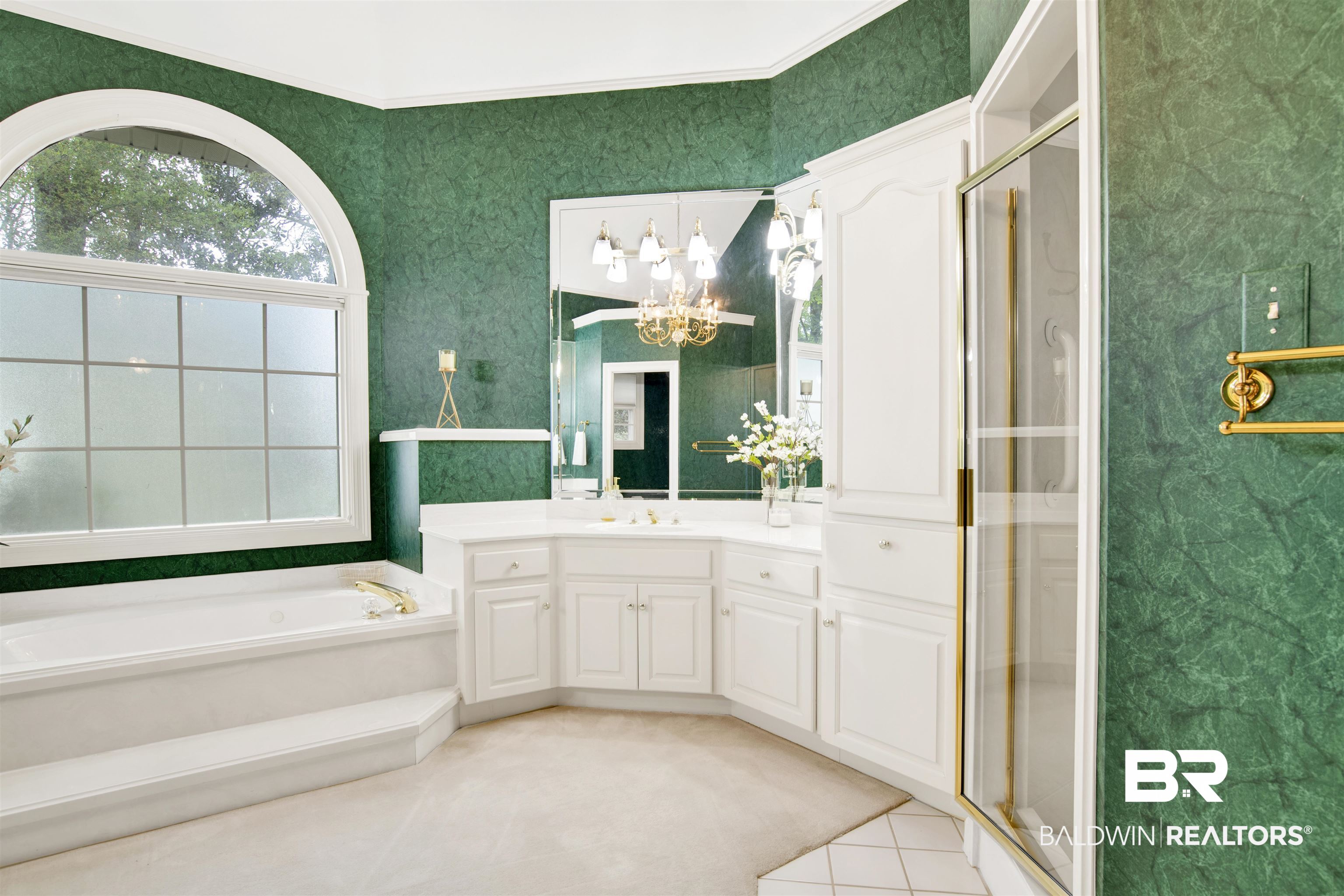 106 Old Mill Road Fairhope, AL 36532 - Photo 41 of 49 Bathroom featuring wallpapered walls, vanity, a stall shower, and a chandelier