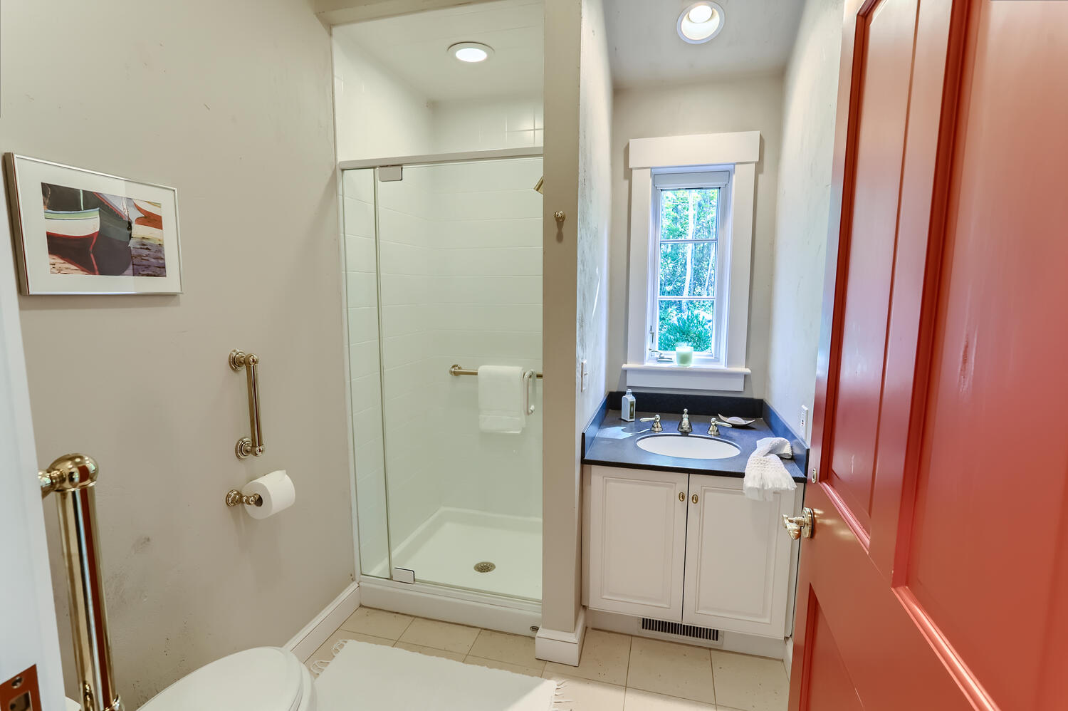 300 N Road Chilmark, MA 02535 - Photo 52 of 69 a bathroom with a granite countertop sink a toilet and shower
