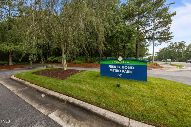 a view of a park with large trees