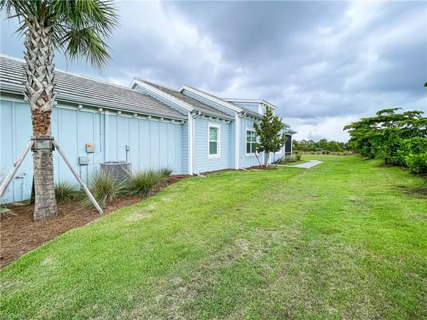 a backyard of a house with plants and palm tree
