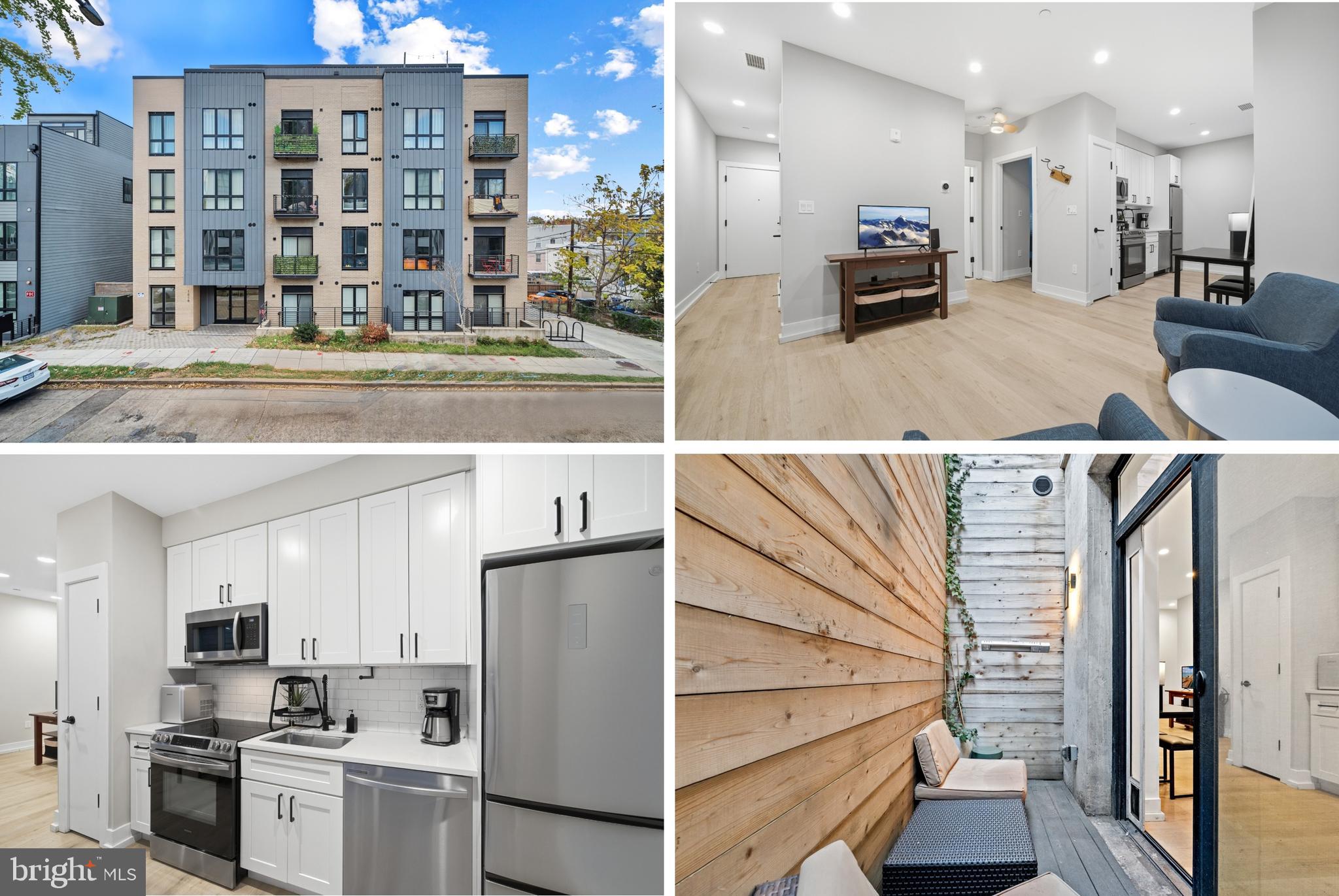 a view of kitchen with refrigerator and cabinets