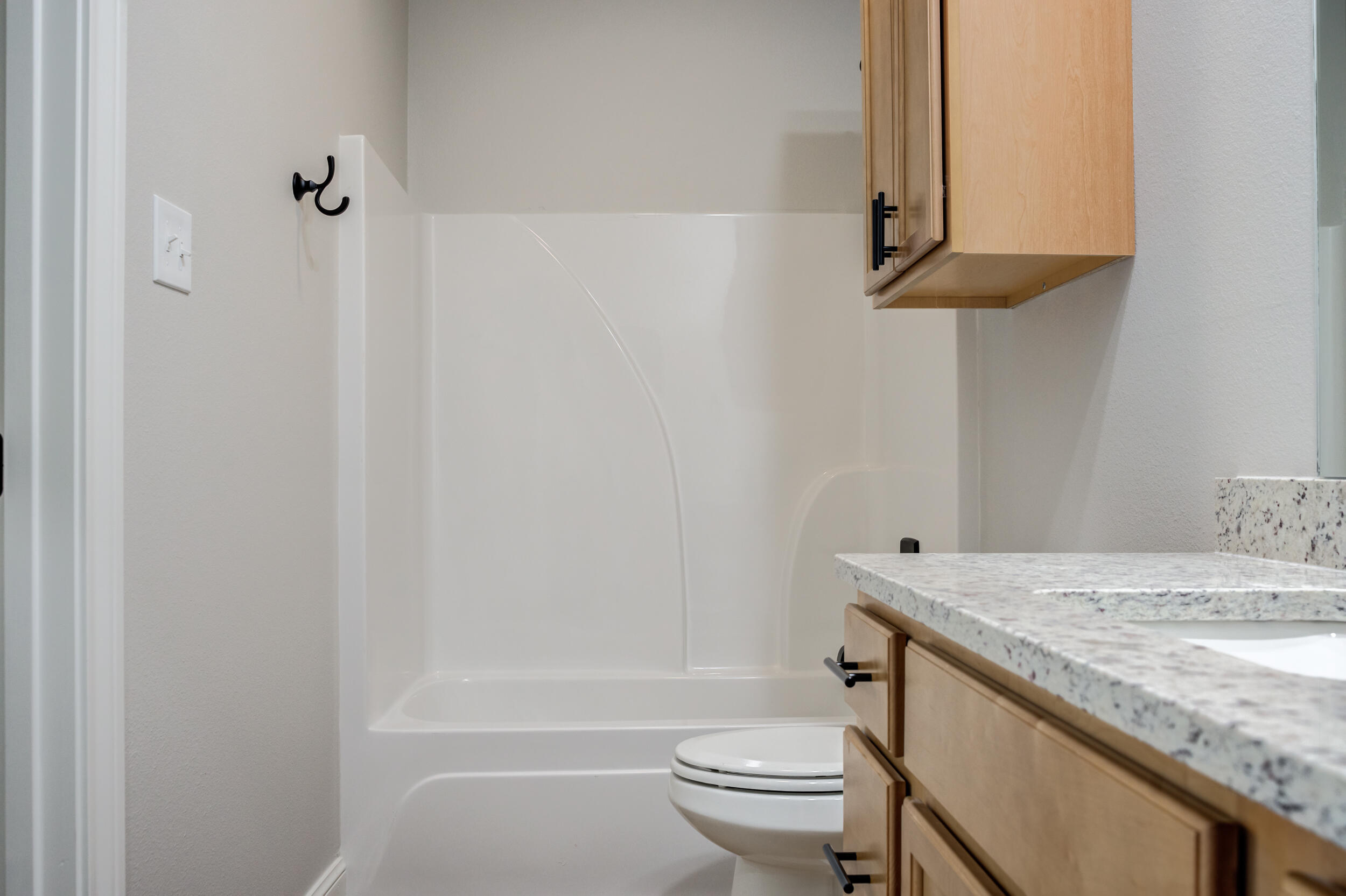 2534 137th Street Lubbock, TX 79423 - Photo 39 of 46 a bathroom with a granite countertop sink a toilet and shower