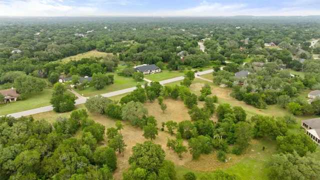 a view of a green yard with large trees