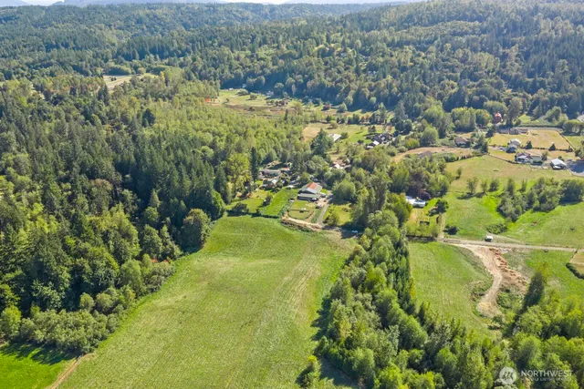 an aerial view of residential houses with outdoor space and trees