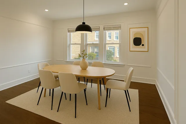 a view of a dining room with furniture and window