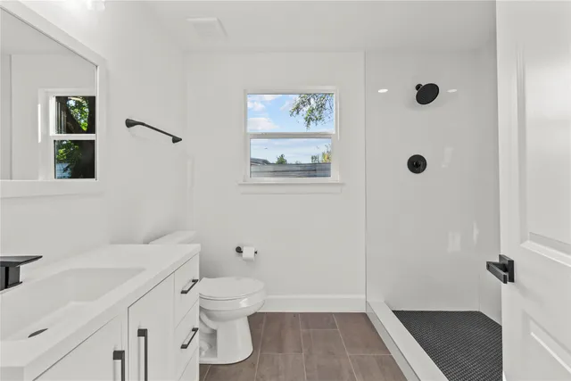 a bathroom with a sink a toilet a shower and a mirror