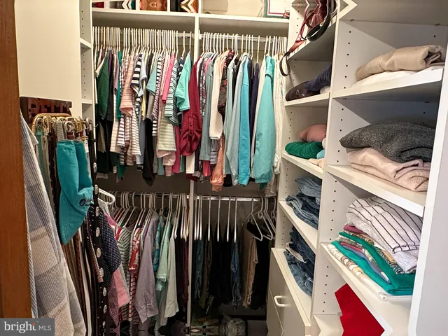 a view of walk in closet with clothes and shoes