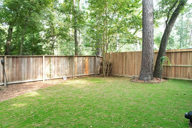 a backyard of a house with plants and large tree
