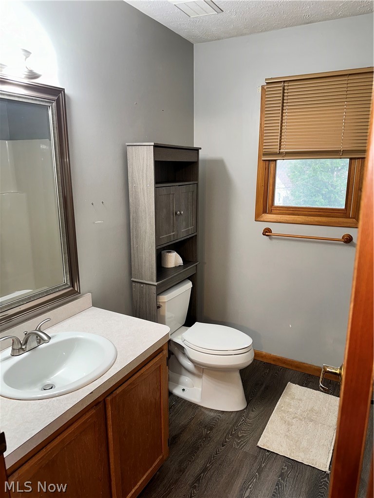7495 Johnnycake Ridge Road Mentor, OH 44060 - Photo 36 of 50 Bathroom featuring toilet, a textured ceiling, wood-type flooring, and vanity