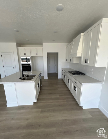 2720 West Aurora Avenue Mapleton, UT 84664 - Photo 5 of 11 Kitchen featuring an island with sink, light wood-type flooring, white cabinetry, light stone counters, and a textured ceiling