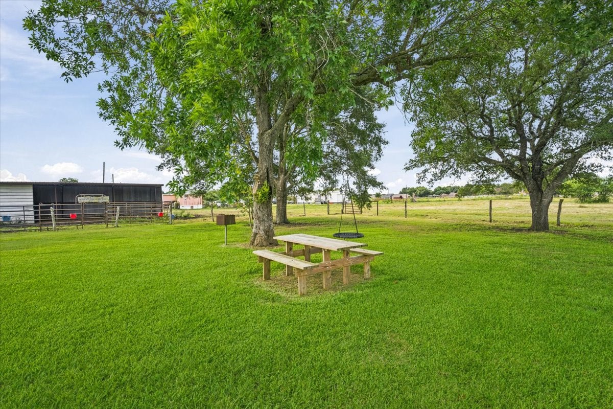 765 Norcross Road Wallis, TX 77485 - Photo 35 of 42 Spacious backyard with lush green grass, featuring mature trees providing shade over a picnic table and grill area, ideal for outdoor gatherings.